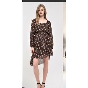 J.O.A. Black Floral Back Cut Out Smocked Waist Asymmetrical Dress Med NWT